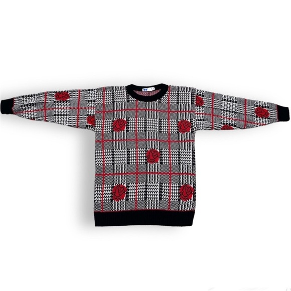 Vintage 80s Rose Plaid Floral Sweater Women’s Size XS Black Red Houndstooth - Picture 1 of 15
